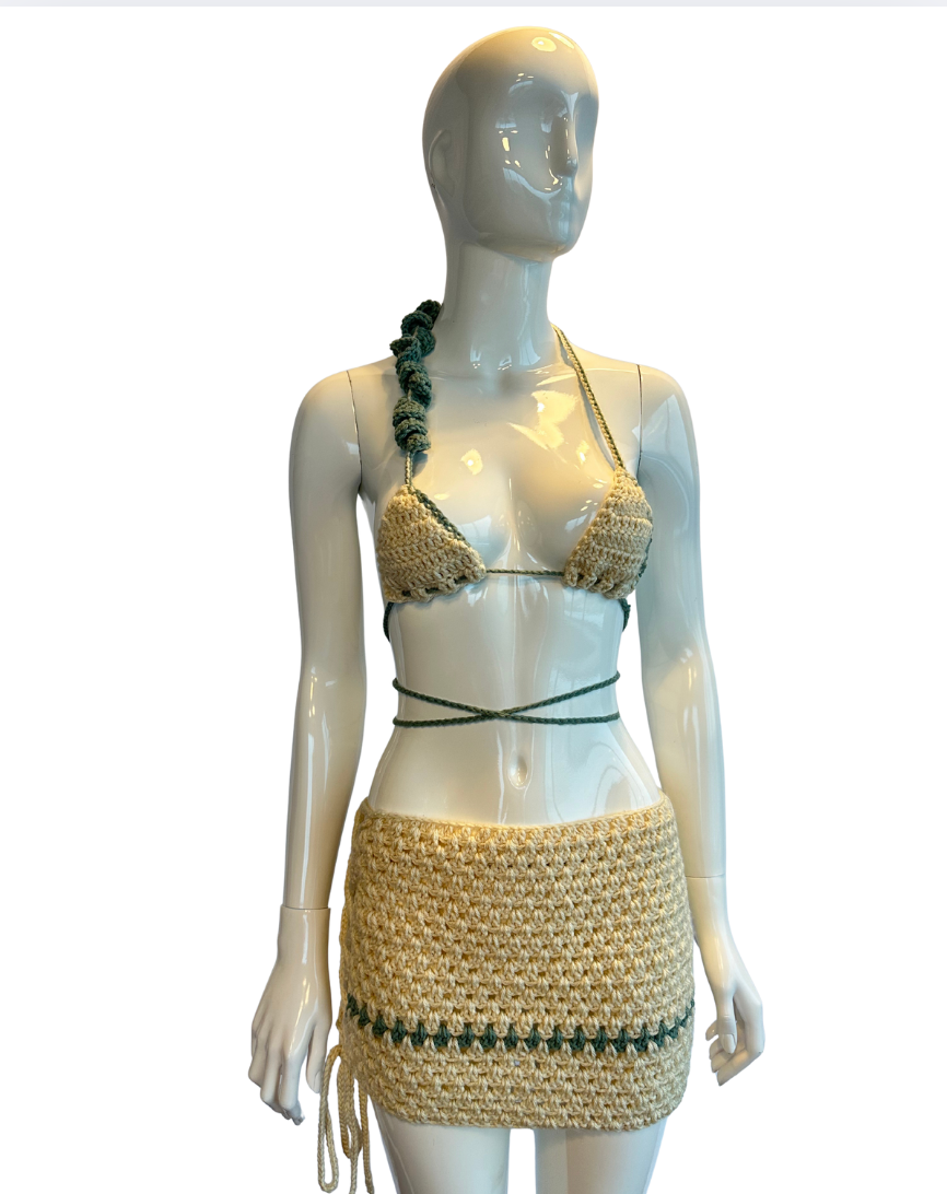 Coco set   – Beige doré & Détail vert forêt
